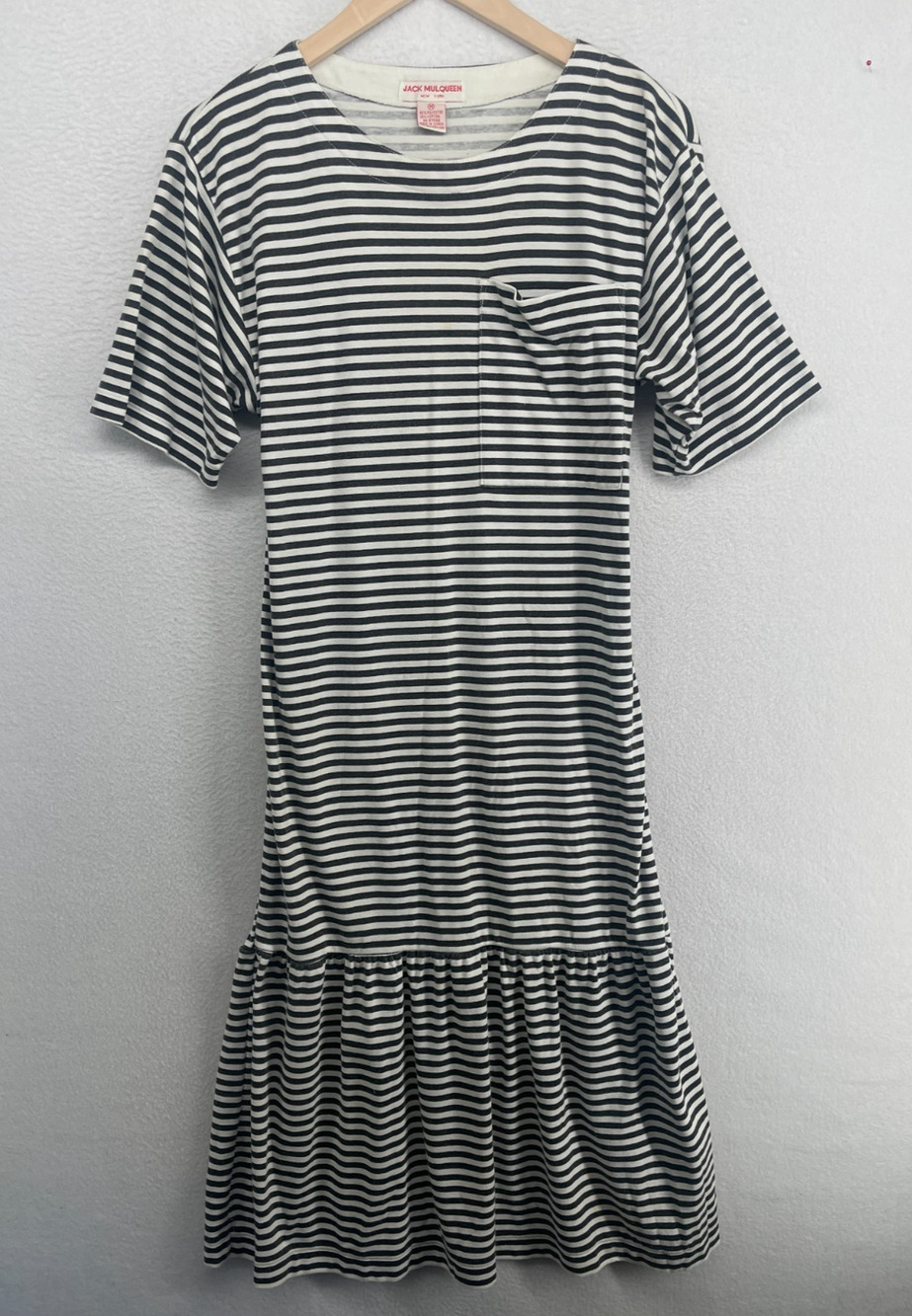 JACK MULQUEEN Dress M Striped Jersey Shift Peplum Midi Round Neck Black Vtg
